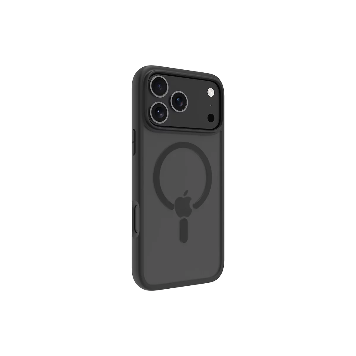 Schwarze Handyhülle mit Kameraausschnitt und Apple-Logo, vor weißem Hintergrund.