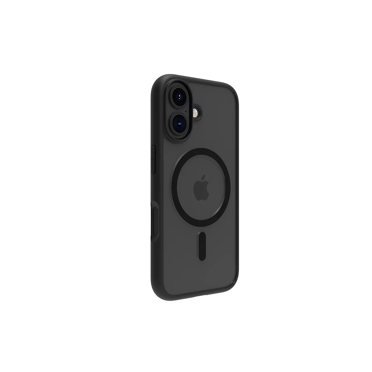 Schwarzes iPhone-Case mit zwei Kamera-Linsen, Apple-Logo und Aussparung für das Aufladen.
