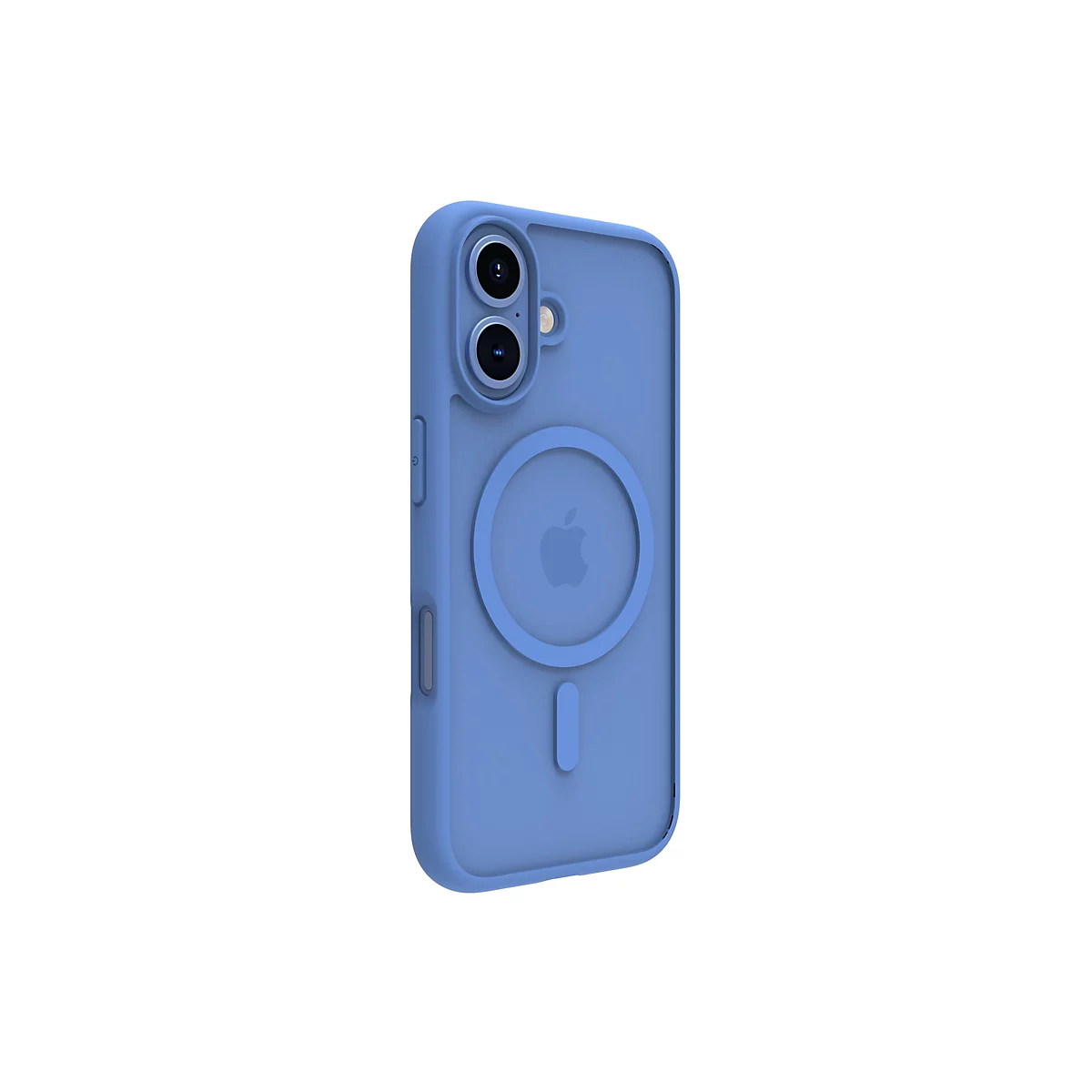Blaues Handycase, seitlich dargestellt. Auf der Rückseite ist das Apple-Logo und ein kreisförmiges Element zu sehen. Auf der Seite befinden sich Knöpfe.