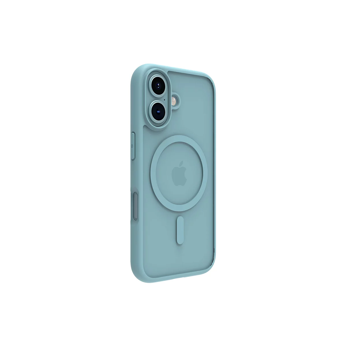 Hellblaues iPhone-Case mit zwei Kamera-Aussparungen, Lautstärke- und Stummschalttaste. Auf der Rückseite ist das Apple-Logo zu sehen.