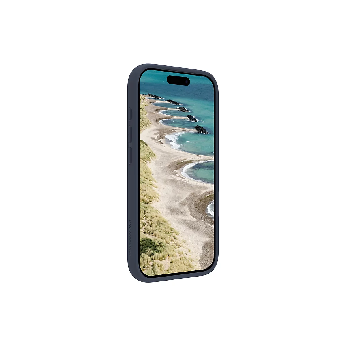 Ein dunkelblaues Smartphone mit einem Strandbild auf dem Bildschirm. Das Smartphone ist leicht geneigt, mit weißem Hintergrund.