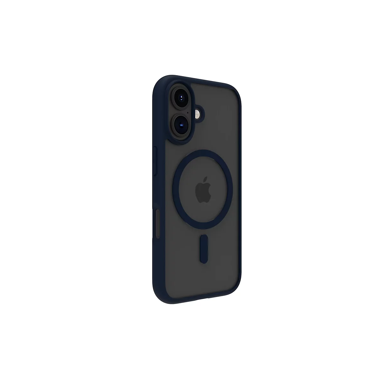 Ein graues iPhone in einer blauen Hülle auf weißem Grund. Die Hülle zeigt das Apple-Logo und die Kamera.