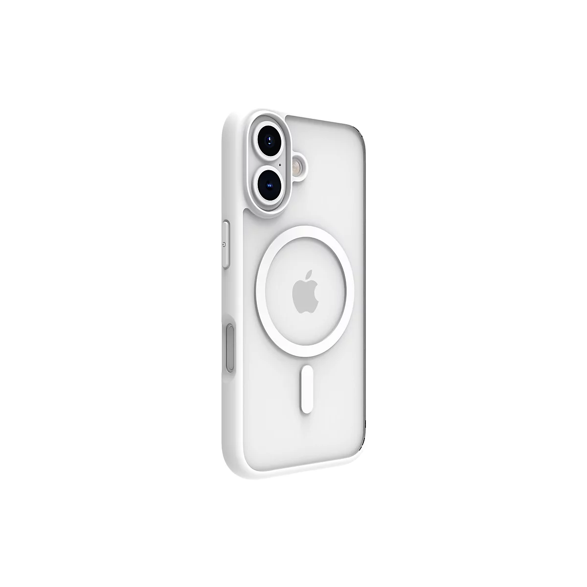 Weißes Handycase mit Apple Logo und Kameraausschnitt vor weißem Hintergrund. Klar und minimalistisch gestaltet.