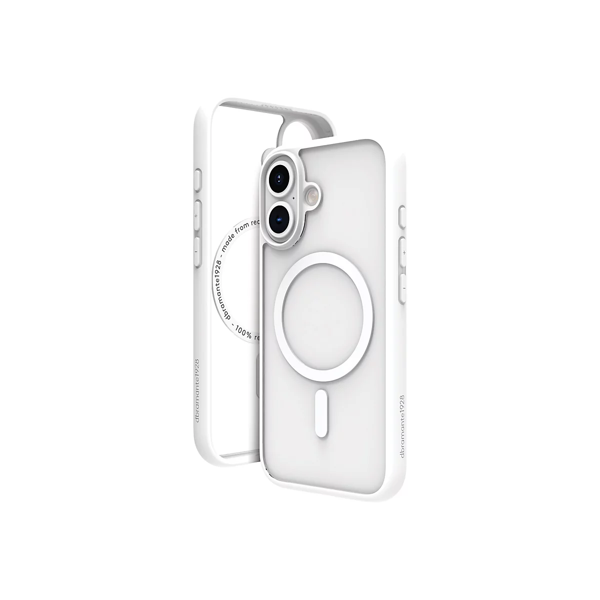 Weißes Handycase vor weißem Hintergrund. Mit eingebautem Magnetring und Kameralinsen-Ausschnitten. Seitlich sind Knöpfe angedeutet.