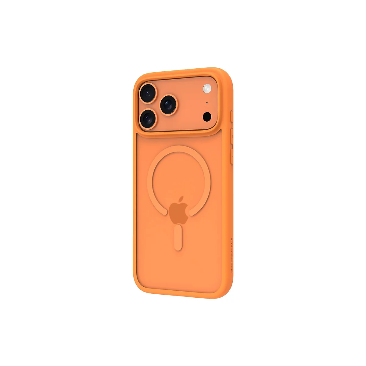 Orangefarbene Handyhülle, mit drei Kameraöffnungen, Apple-Logo und MagSafe-Kreis.