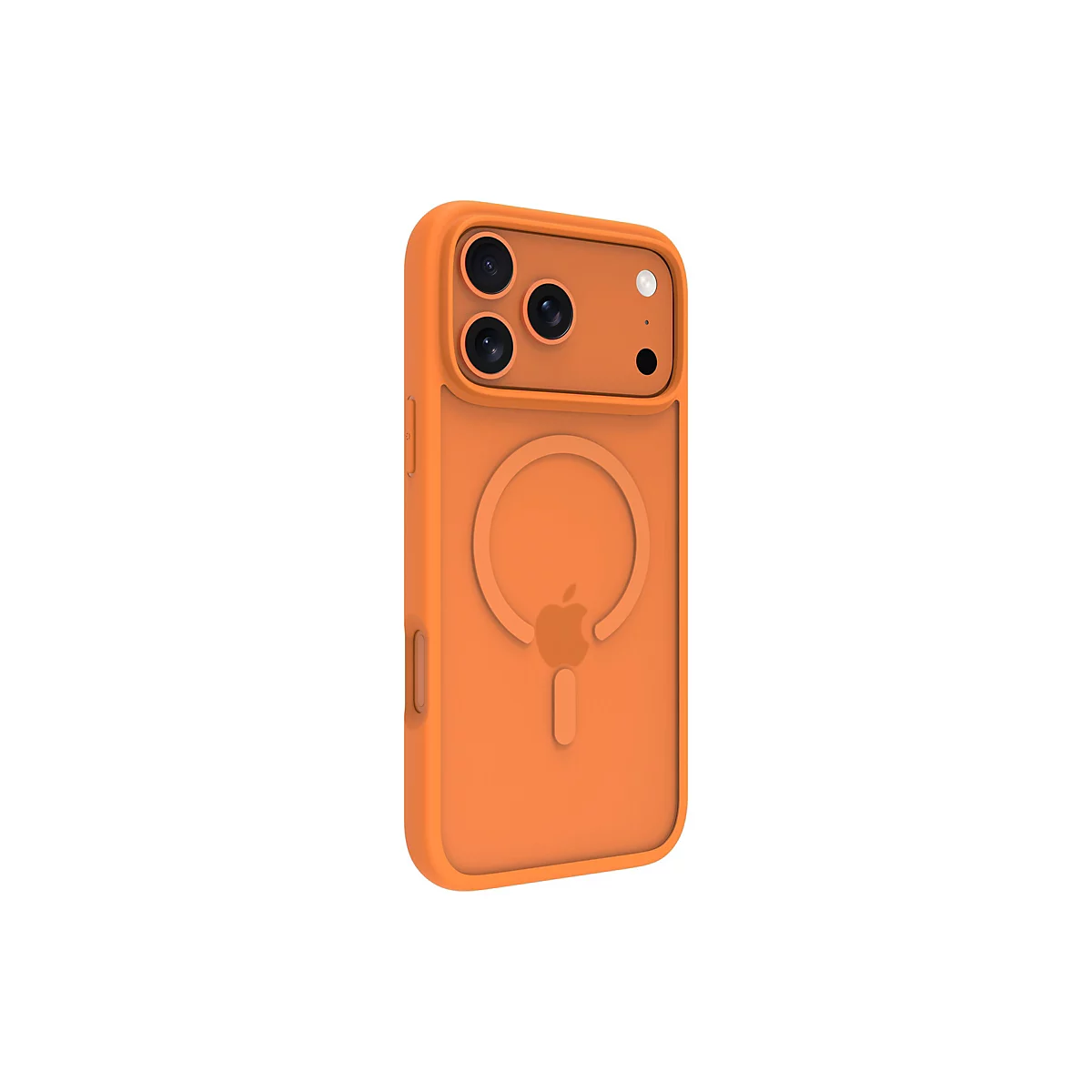 Orangenes iPhone-Case mit dreifacher Kamera und Apple-Logo, auf weißem Hintergrund.