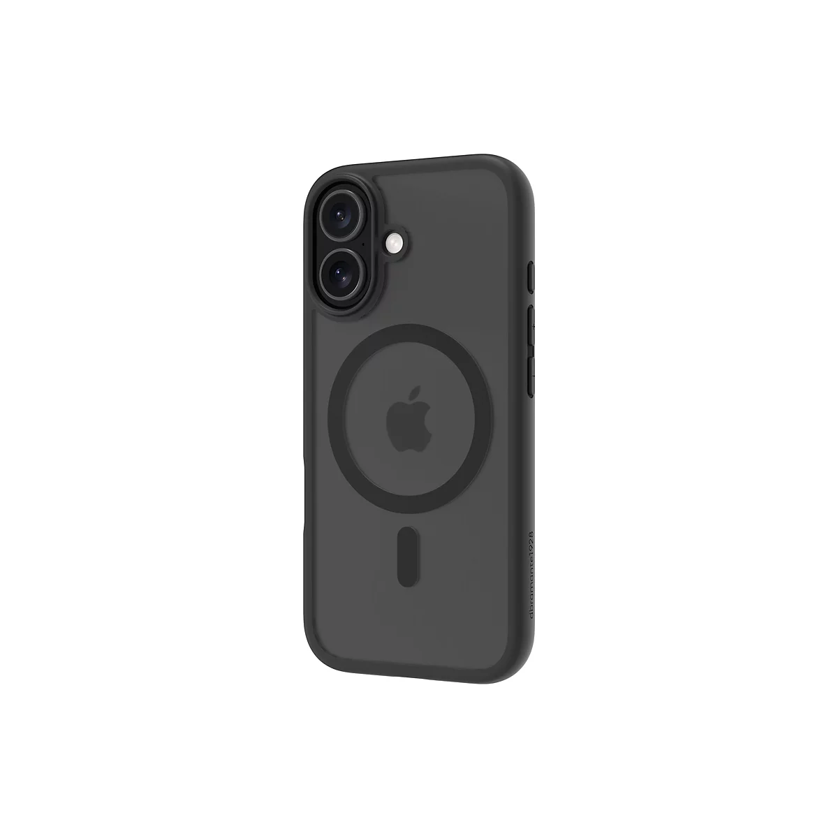 Schwarze Handyhülle mit Kameraausschnitt und Apple-Logo, isoliert auf weißem Hintergrund.