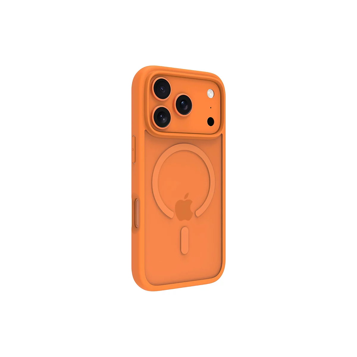 Orangefarbene Handyhülle, Rückseite, mit drei Kameraobjektiven, MagSafe-Ring und Apple-Logo.