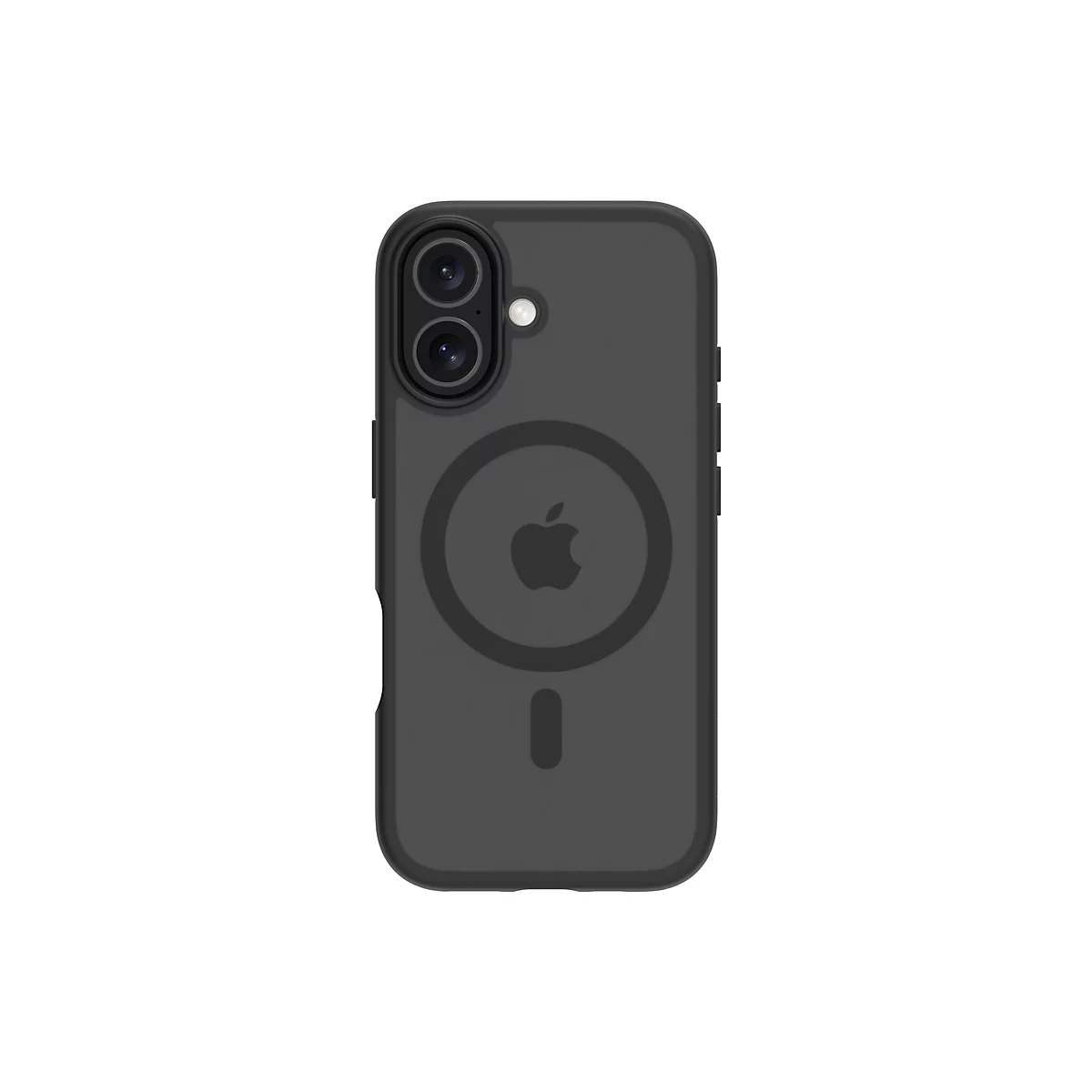 Dunkelgraue Handyhülle mit Kameraausschnitt und Apple-Logo, isoliert auf weißem Hintergrund.