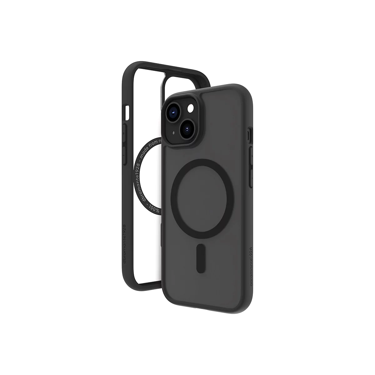 Un étui noir pour iPhone avec un cadre transparent. Un cercle magnétique est visible à l'arrière.
