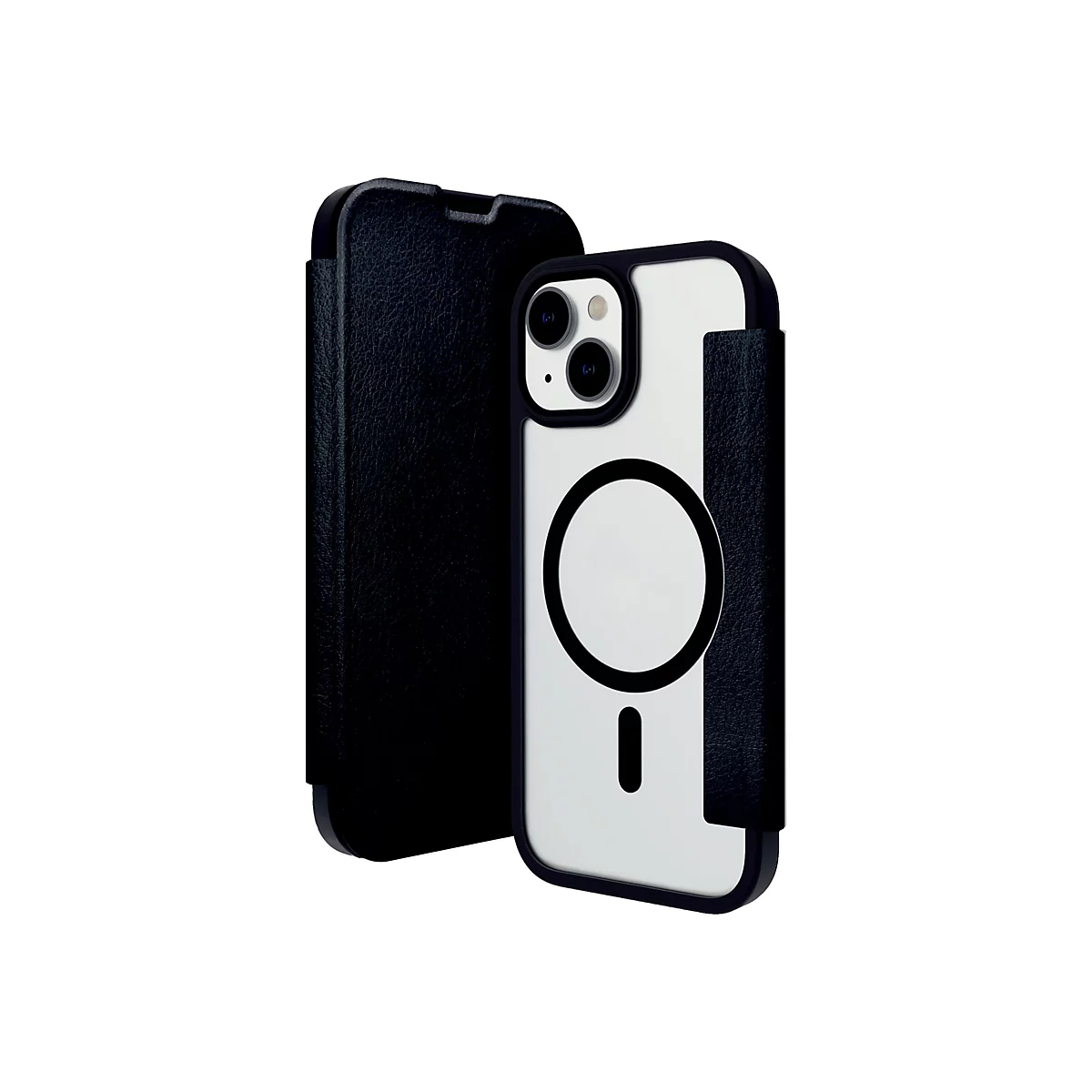 Coque de téléphone noire avec fonction pliante, coque de téléphone ouverte à côté.