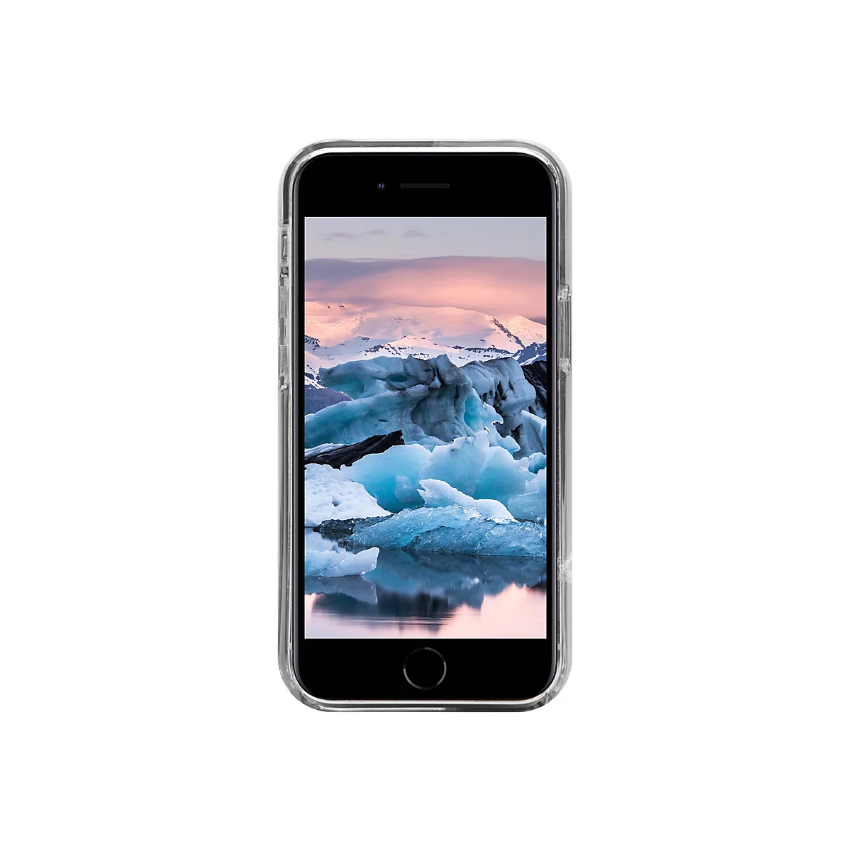 Ein Smartphone mit einer transparenten Hülle, auf dessen Display eine Gletscherlandschaft zu sehen ist. Blaues Eis und schneebedeckte Berge spiegeln sich im Wasser.
