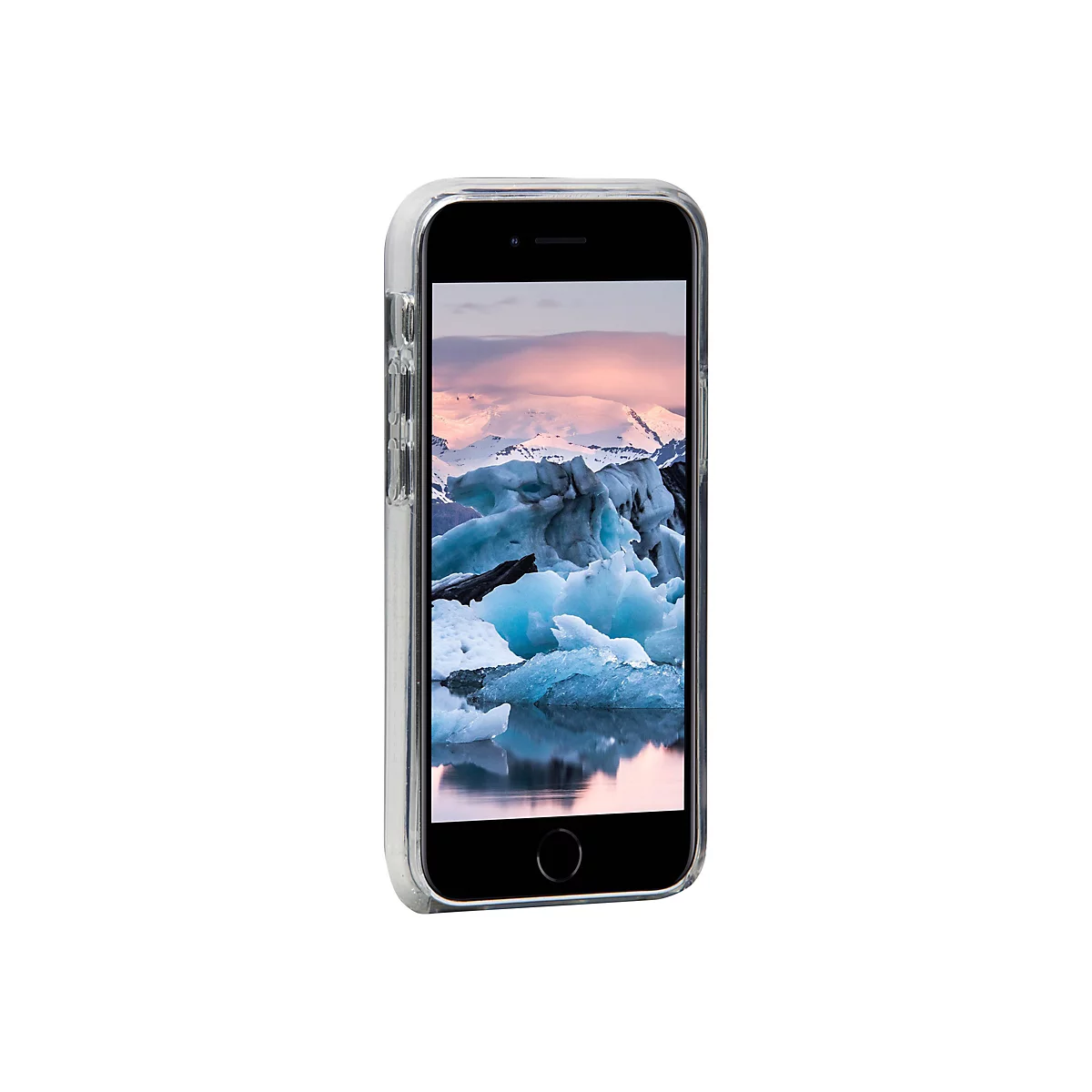 Ein Smartphone mit transparenter Schutzhülle, das ein Gletscher- und Berglandschaftsfoto zeigt.