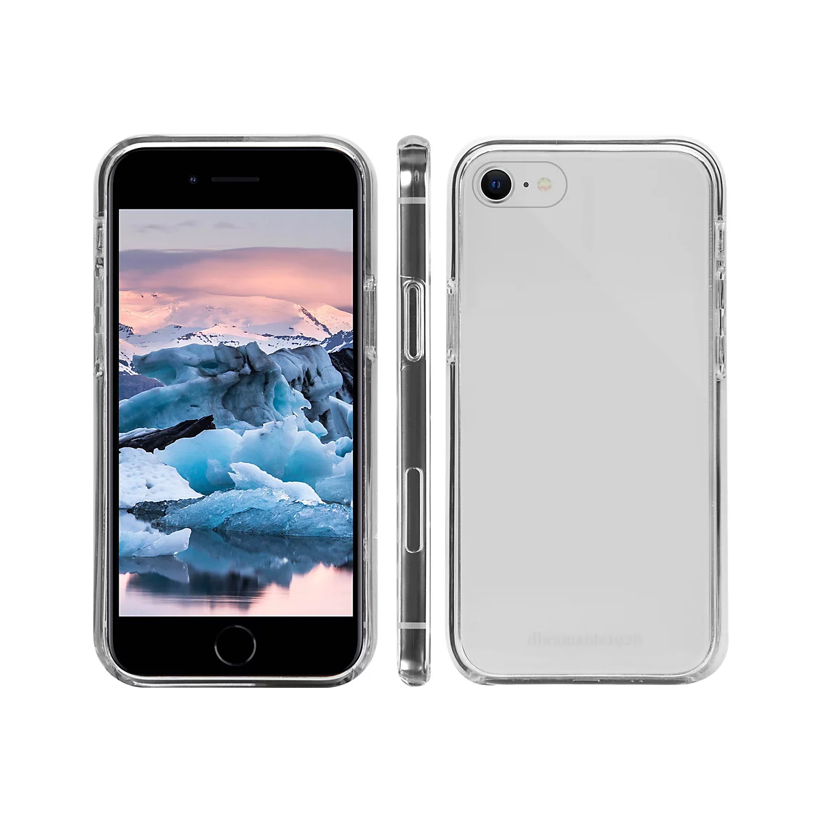 Draufsicht auf ein Smartphone in einer durchsichtigen Hülle. Links wird der Bildschirm mit einem Gletscher gezeigt, daneben die Seite und die Rückseite.
