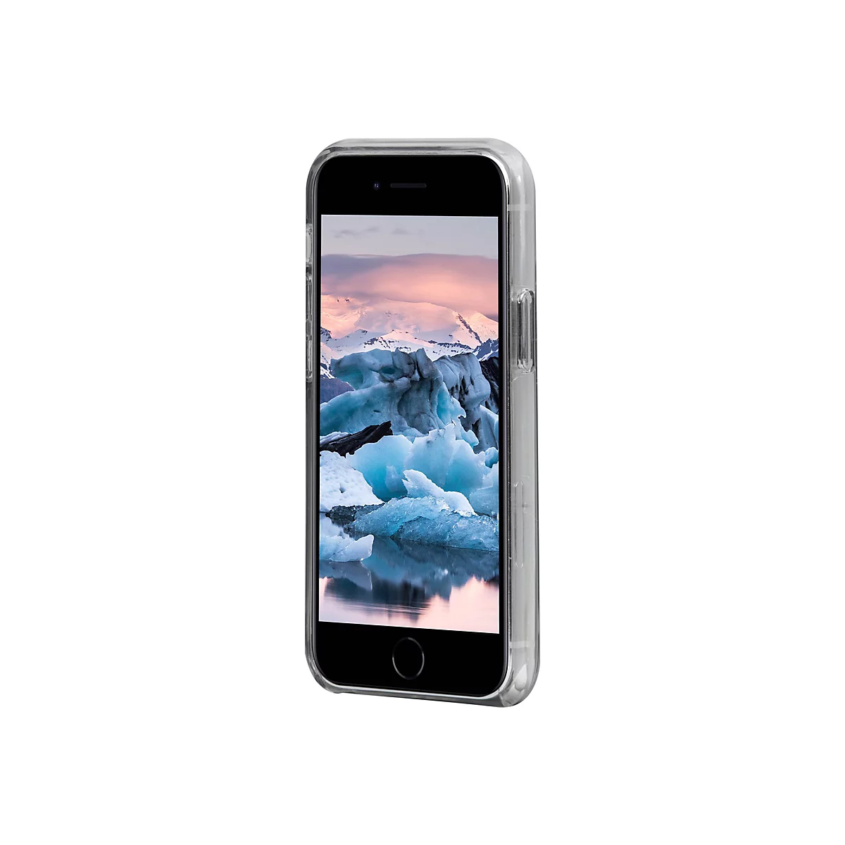 Ein Smartphone in einer transparenten Hülle, das ein Gletscher- und Berglandschaftsfoto zeigt.
