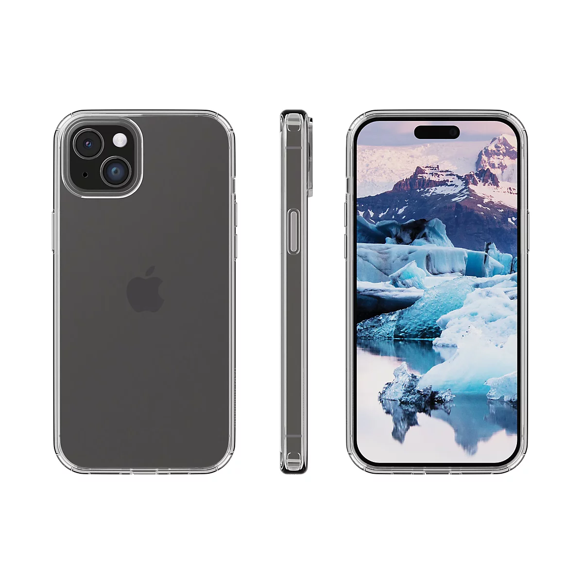 Drei Ansichten eines Smartphones mit transparentem Case. Auf dem Bildschirm ist eine Landschaft mit Gletschern abgebildet.