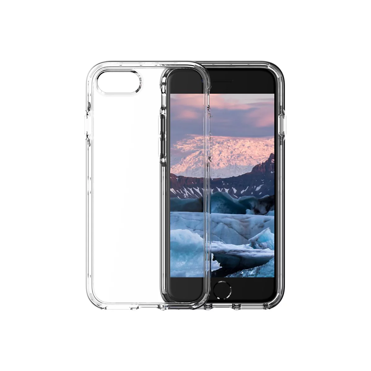 Ein klares iPhone-Case schützt ein Smartphone, das ein Eislandschaft-Foto zeigt.