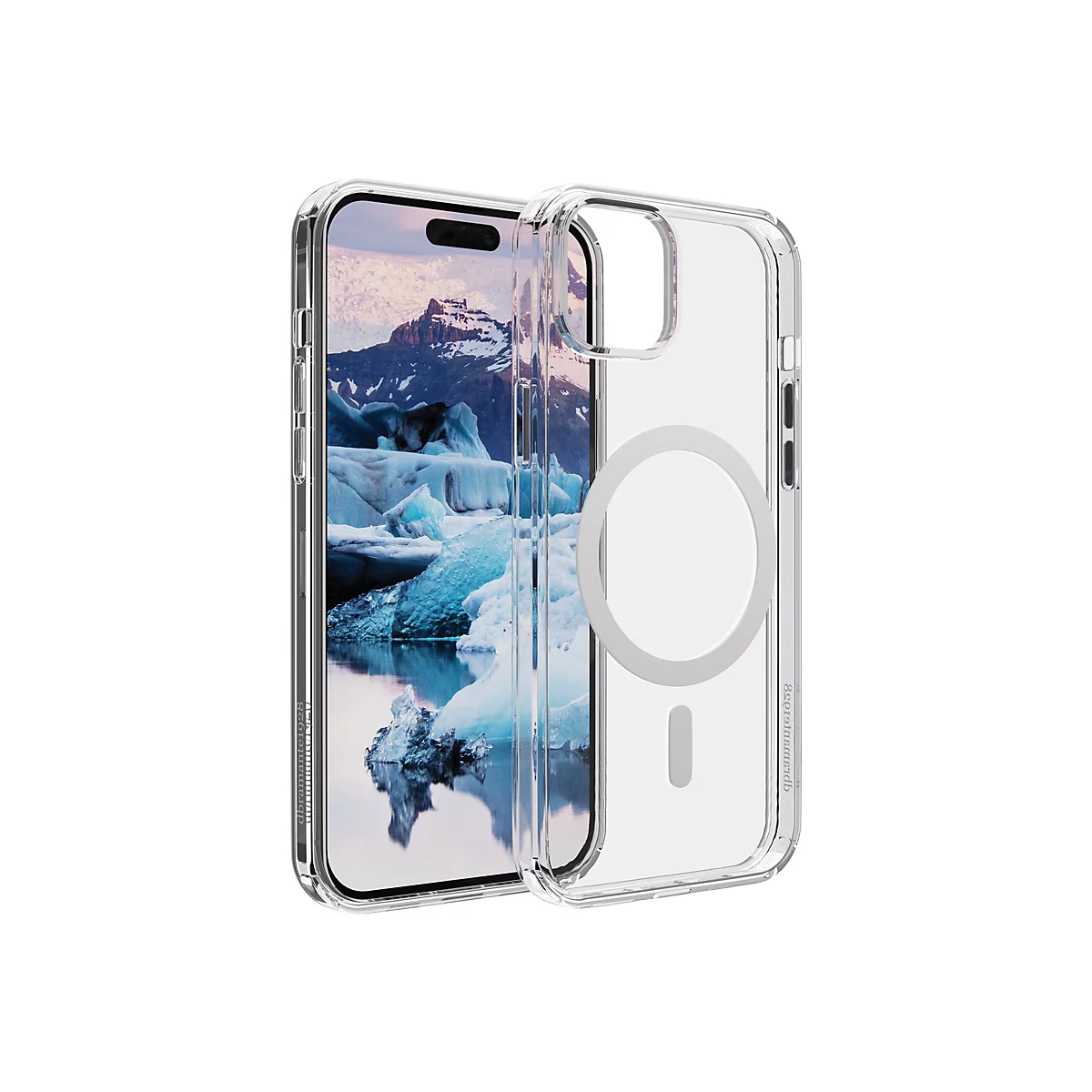 Ein iPhone mit einer durchsichtigen Schutzhülle. Das Handy zeigt eine Gletscherlandschaft. Rechts daneben liegt die Hülle.