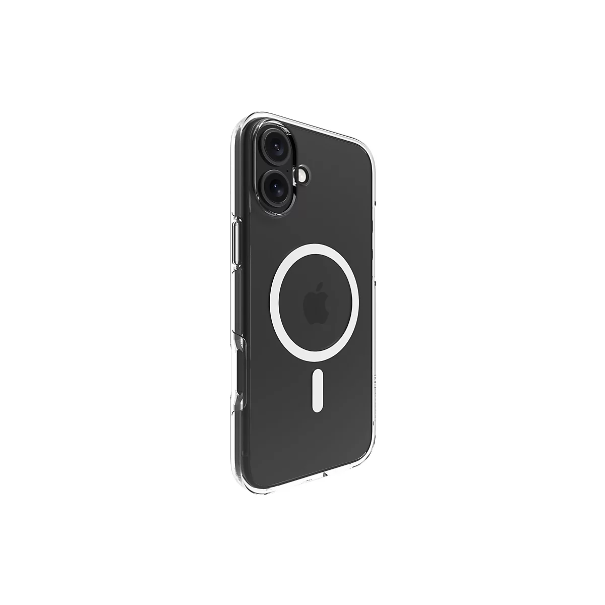 Ein durchsichtiges Handycase für ein Smartphone. Auf der Rückseite ist ein weißer Ring mit einem Apfel-Logo und ein senkrechter Strich zu sehen.