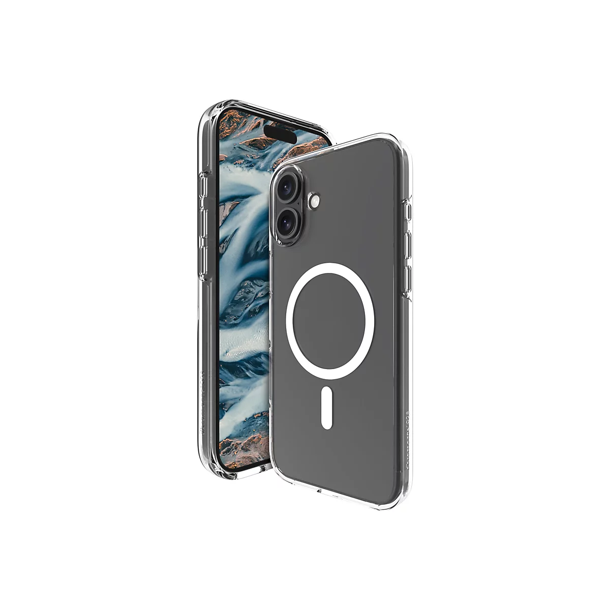 Ein iPhone mit einer durchsichtigen Schutzhülle. Die Hülle zeigt einen weißen Kreis mit einer darunterliegenden Linie, das MagSafe-Logo.