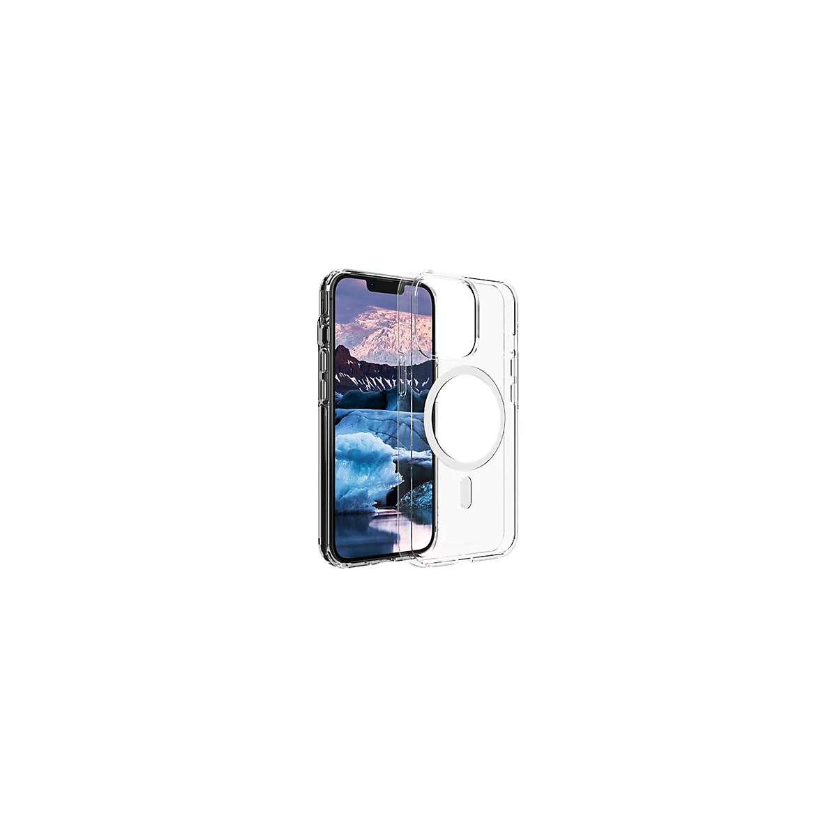 Ein klares, transparentes Handycase schützt ein Smartphone. Der Hintergrund des Bildschirms zeigt eine Landschaft.