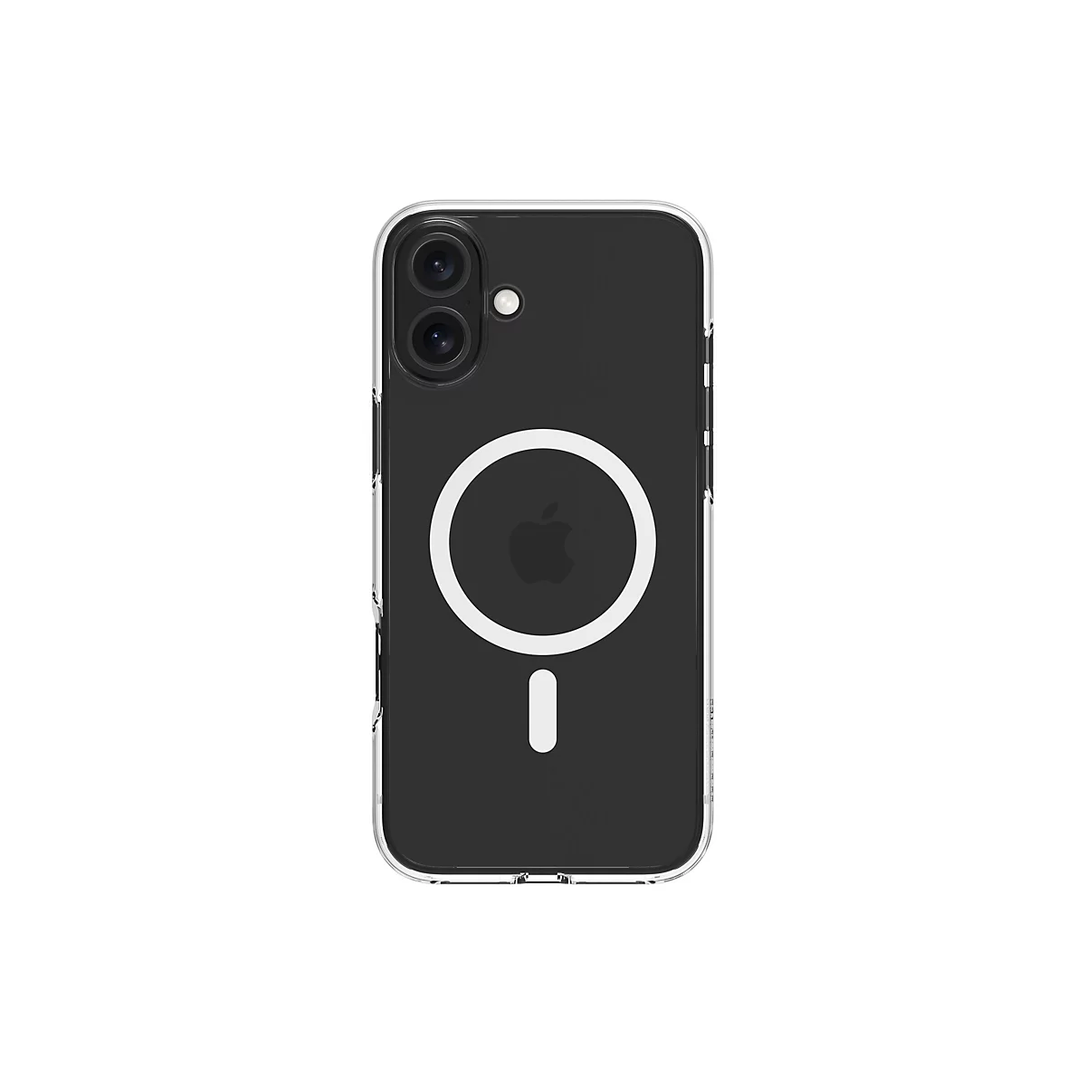 Durchsichtige Handyhülle mit schwarzem Hintergrund und weißem Kreis mit Apple-Logo. Kamera oben, unten ein weißer Streifen.