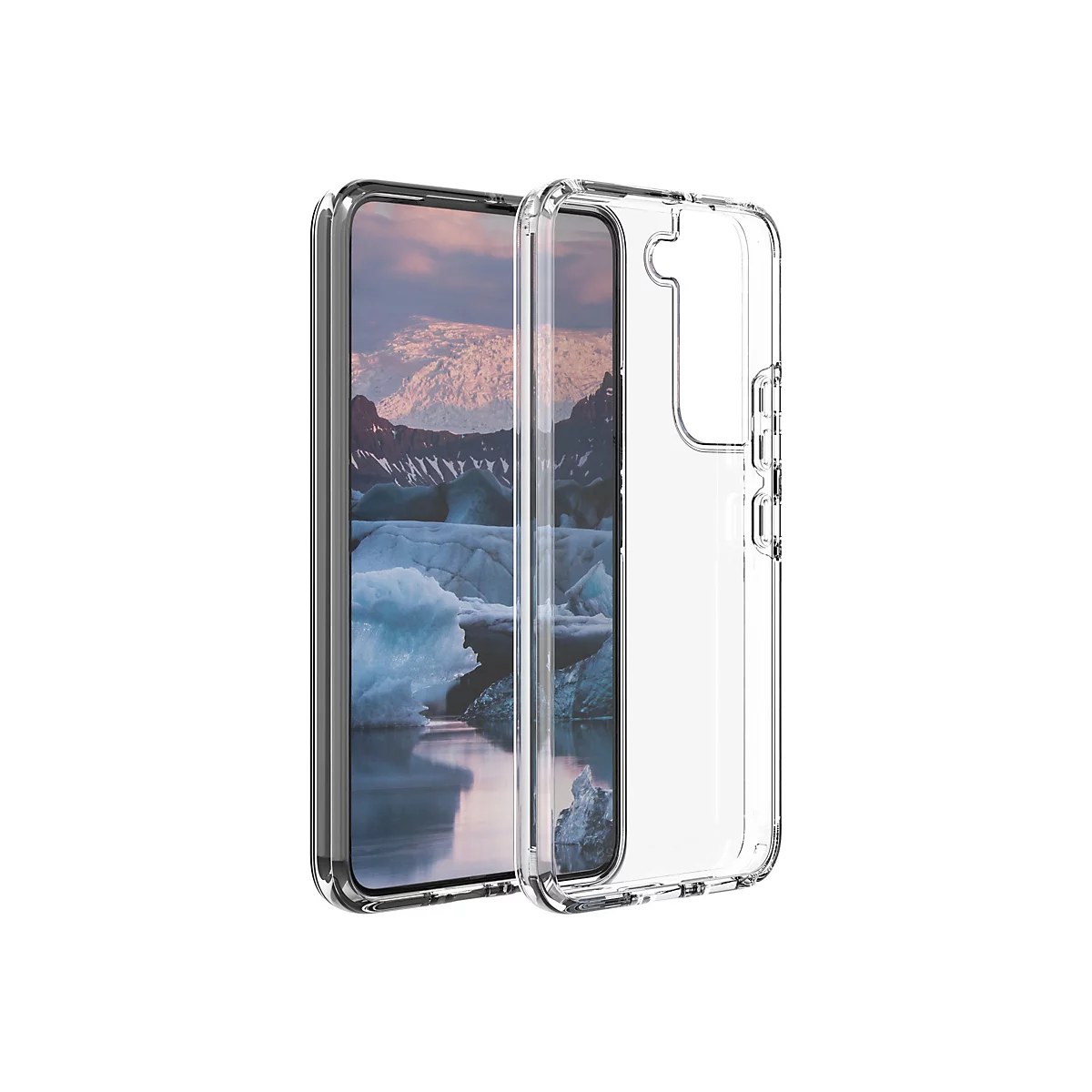 Ein durchsichtiges Handycase schützt ein Smartphone. Im Display ist eine Gletscherlandschaft zu sehen.