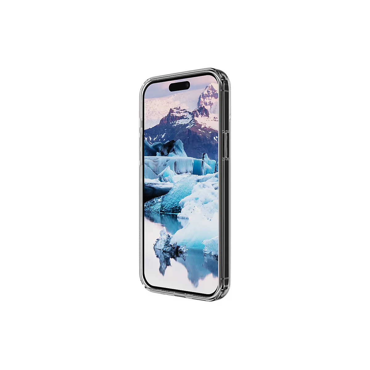 Un iPhone avec une coque transparente, affichant un paysage glaciaire sur l'écran.