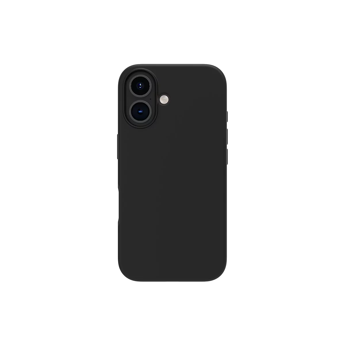 Coque de téléphone noire sur fond blanc. Découpe pour double caméra en haut à gauche.