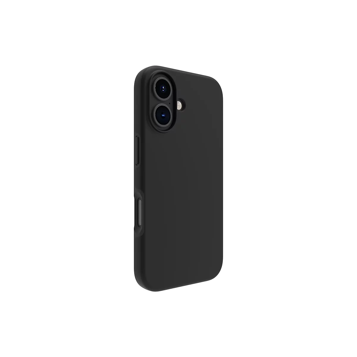 Coque de smartphone noire, montrée légèrement de côté. Caméras et boutons visibles.