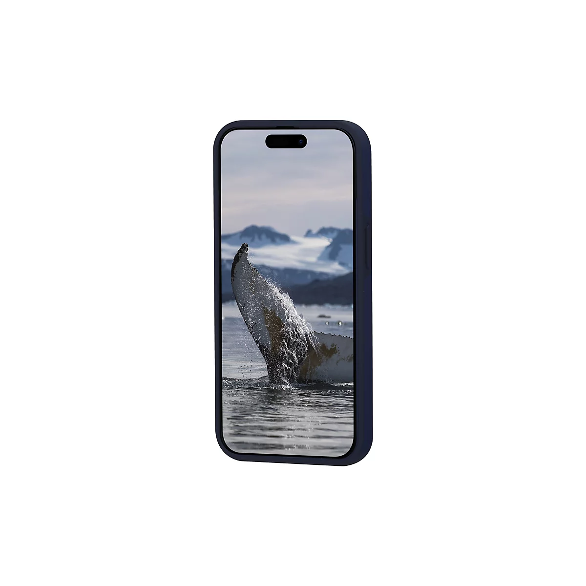 Un smartphone avec un étui bleu affiche une baleine qui émerge de l'eau.