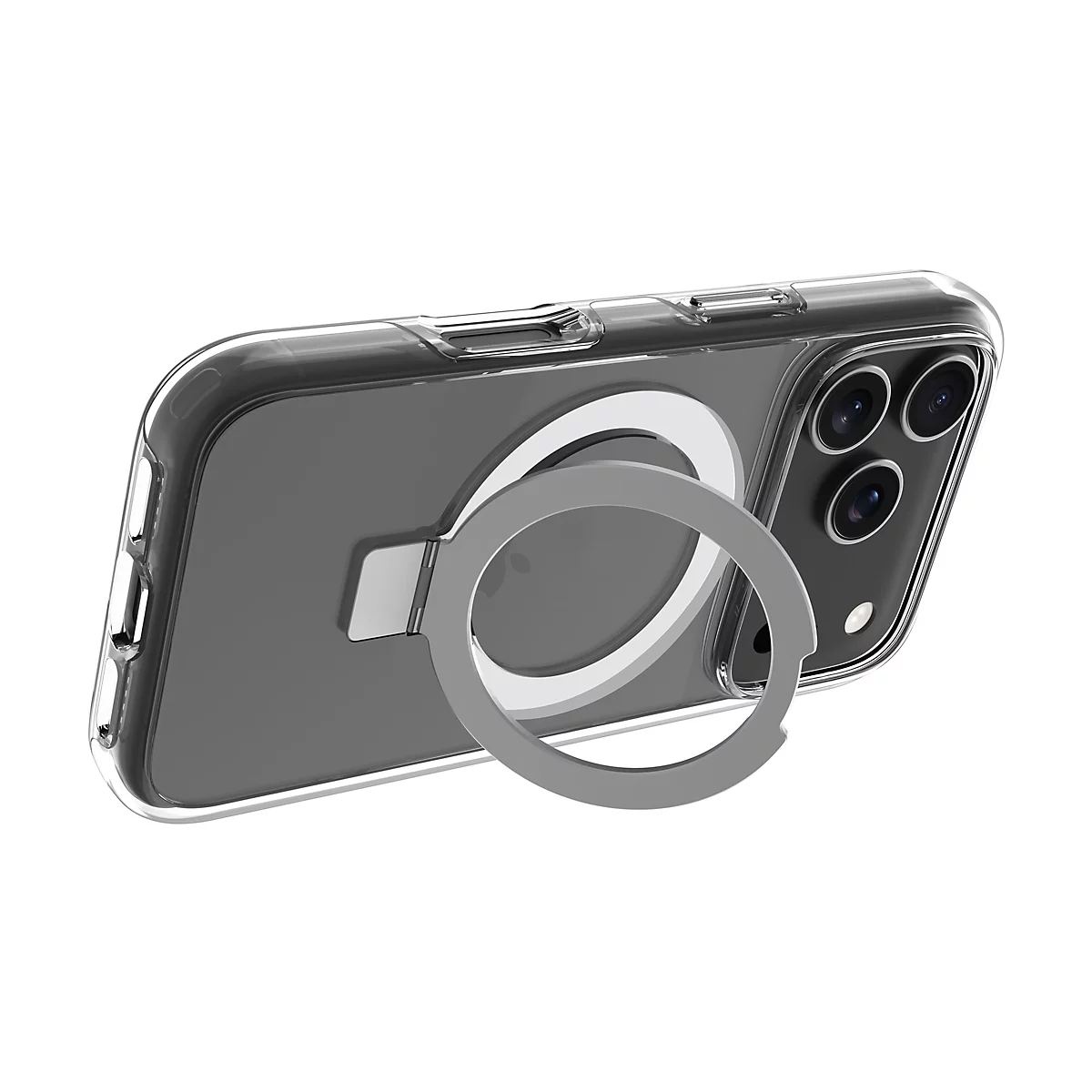 Une coque de téléphone transparente avec un anneau gris qui sert de support et de support. Le fond est blanc.
