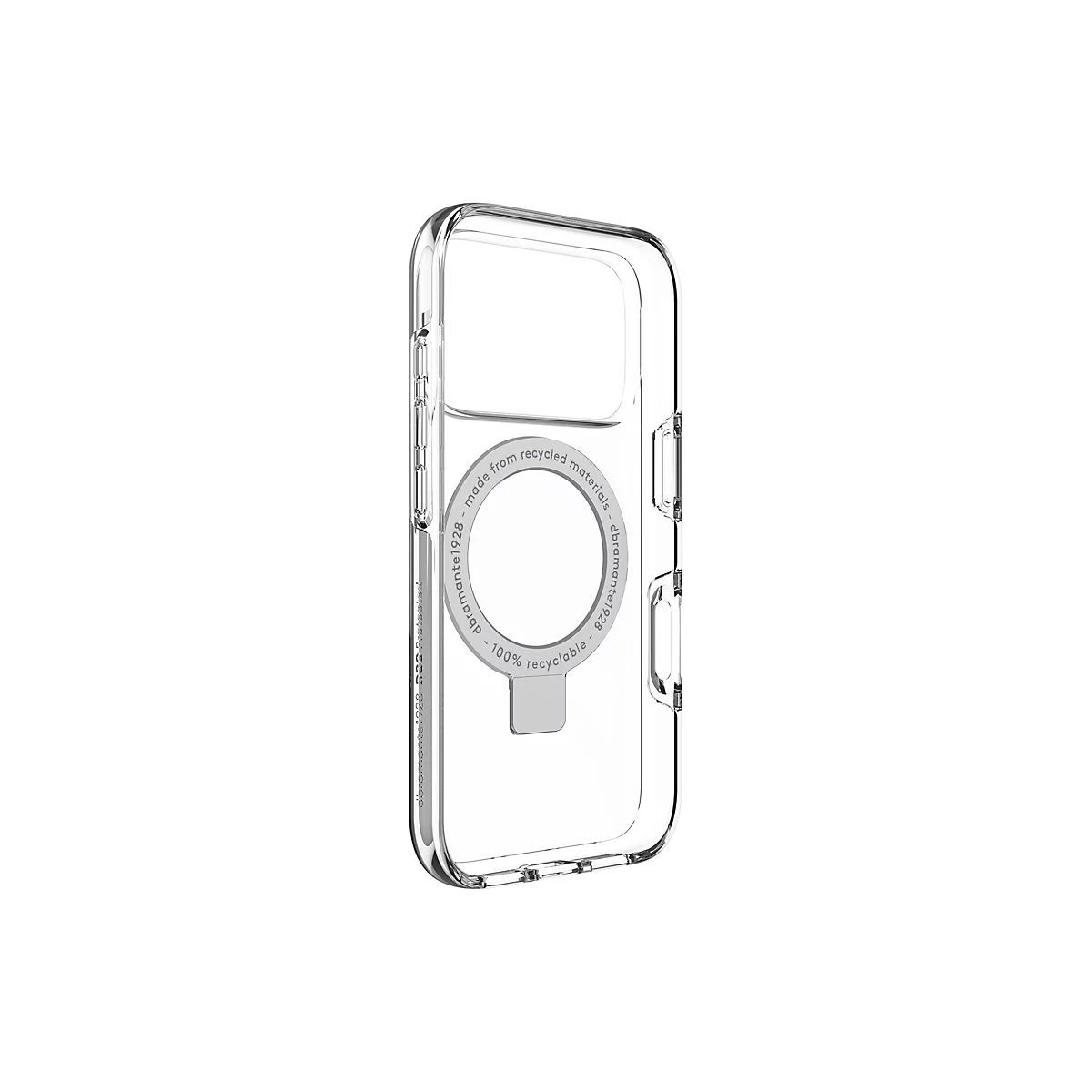 Coque de téléphone transparente avec impression. Texte : made from recycled materials, dbramante1928, 100% recyclable.