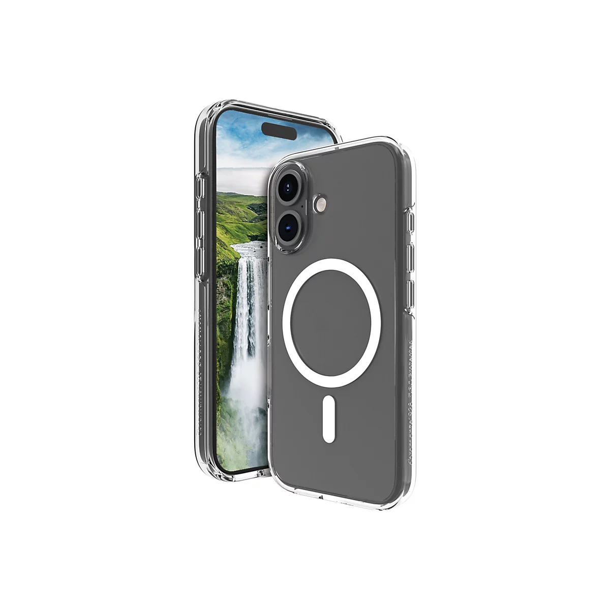 Une coque de téléphone transparente avec un aimant intégré protégeant un iPhone. Une cascade est visible en arrière-plan sur l'écran.