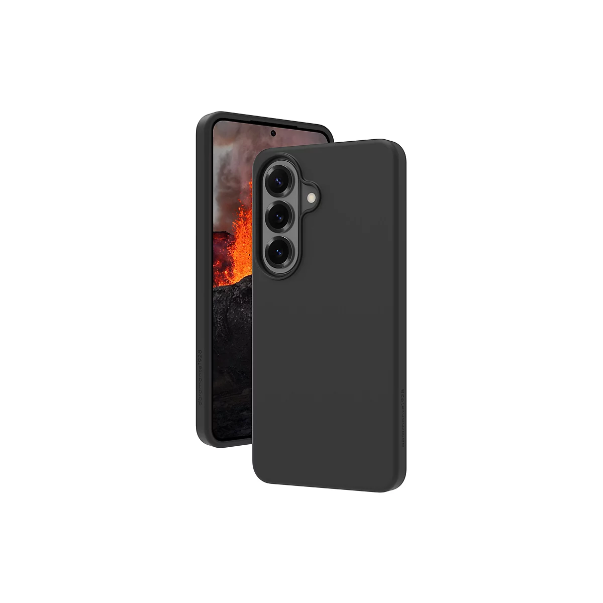 Smartphone noir avec un étui, l'écran affiche une éruption volcanique.