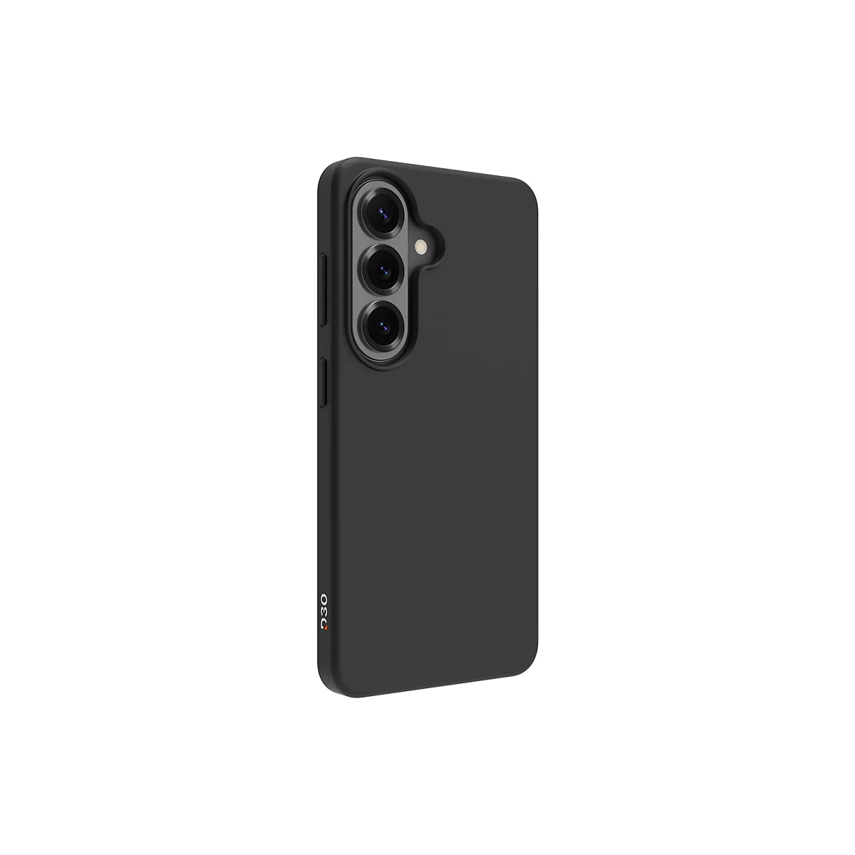 Coque de téléphone noire avec trois objectifs d'appareil photo sur fond blanc.