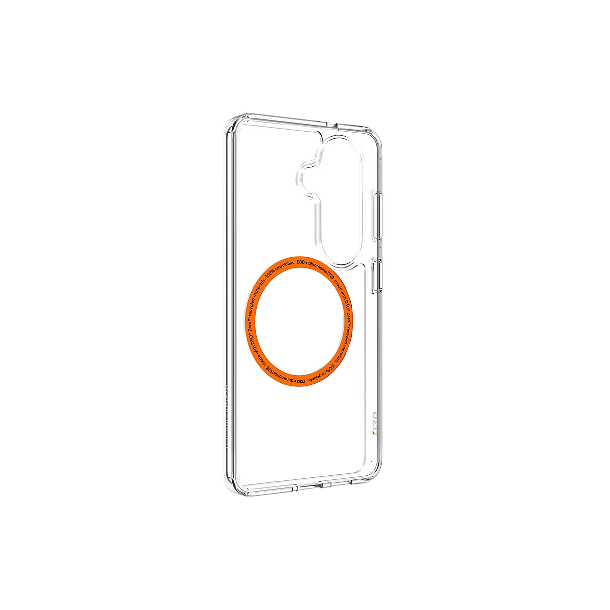 Coque de téléphone transparente avec anneau orange. Texte sur la coque : D3O x dbramante1928, 100% recyclable.