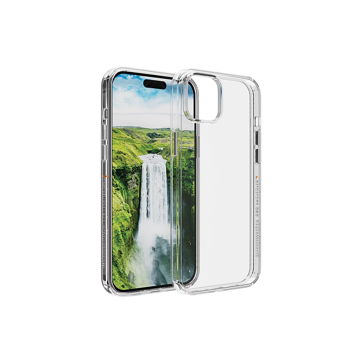 Ein iPhone in einer transparenten Schutzhülle, vor einem Wasserfall. Das Gehäuse ist aus klarem Kunststoff gefertigt, das Handy zeigt das Foto eines Wasserfalls.