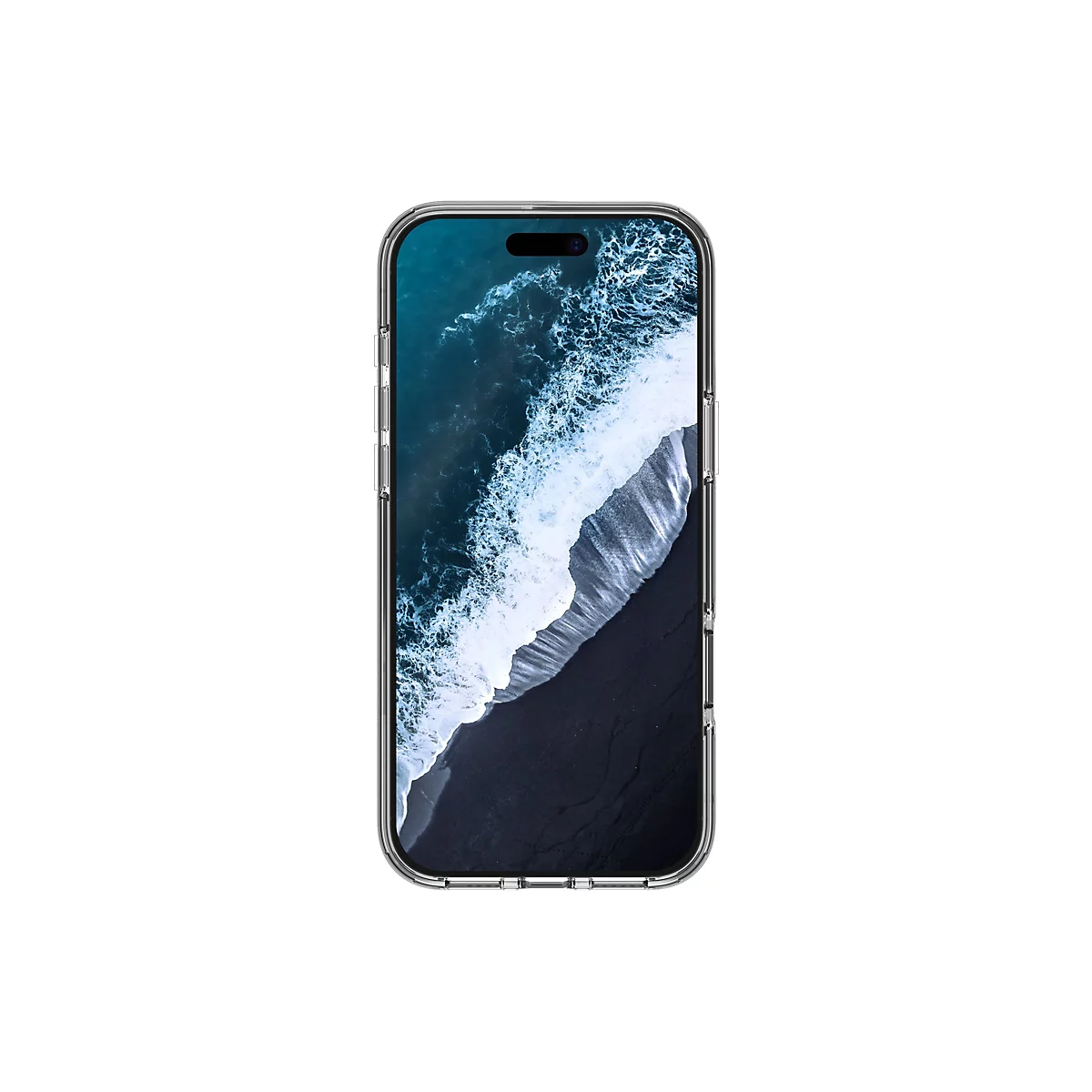 Smartphone in klarer Schutzhülle. Das Display zeigt eine Meereslandschaft mit Wellen, die auf schwarzen Sand treffen.