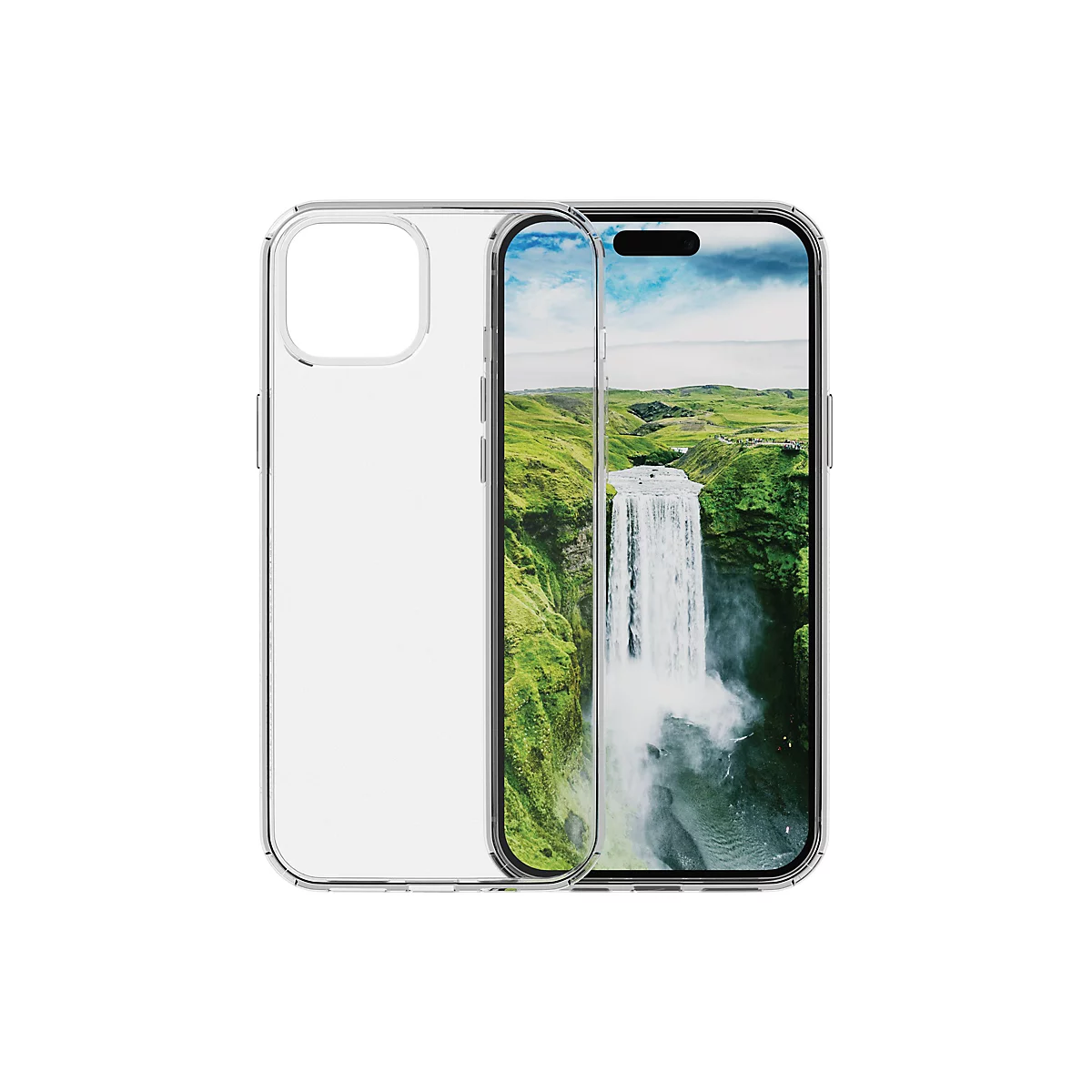 Ein iPhone mit einer durchsichtigen Schutzhülle. Das Display zeigt einen Wasserfall vor einer grünen Landschaft.