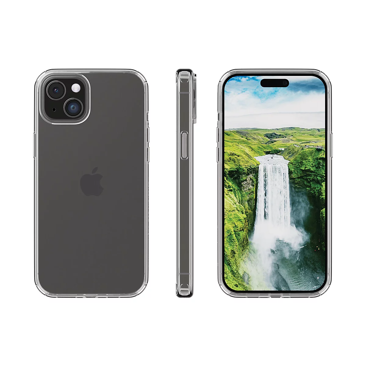 Draufsicht auf ein iPhone mit transparentem Case. Im Display ein Wasserfall. Nebenansicht mit den Knöpfen.