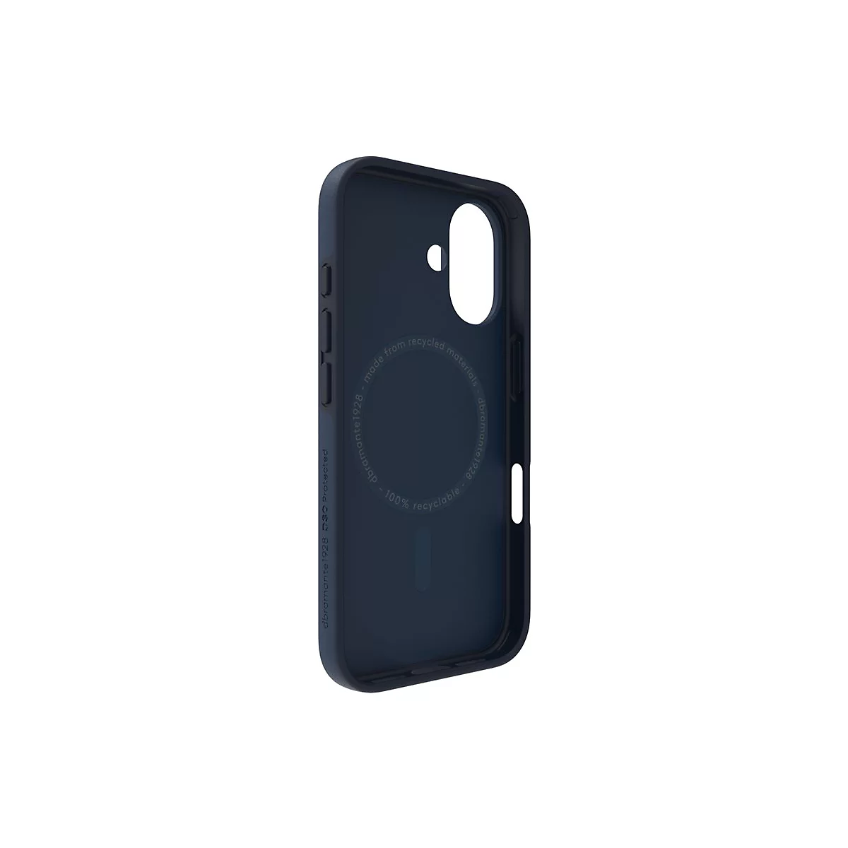 Coque de téléphone bleu foncé, éclairée de l'intérieur. Avec inscriptions : "dbramante1928, 100% recyclable, D30 protected, fabriquée à partir de matériaux recyclés."