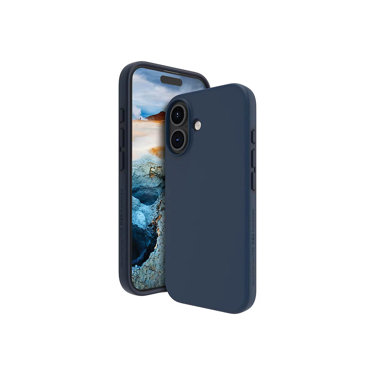 Un smartphone bleu foncé avec une coque, à côté d'un deuxième smartphone avec une coque. Le fond est blanc.