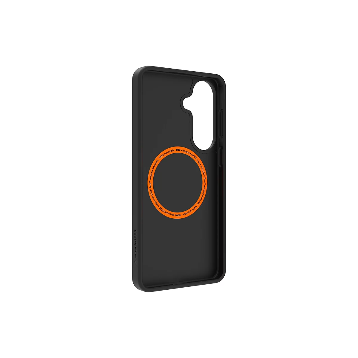 Coque de téléphone noire avec anneau orange. L'étui indique dbramante1928 et 100% recyclable.