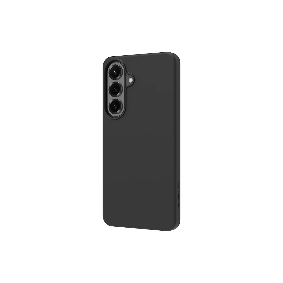Coque de téléphone noire avec trois découpes pour l'appareil photo et nom de marque sur le côté.
