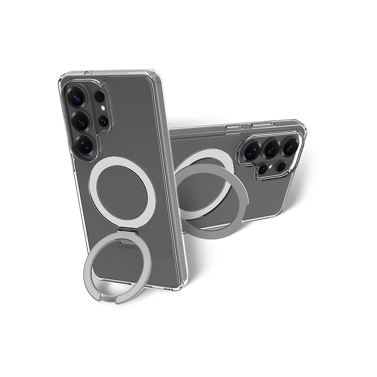 Deux coques de téléphone transparentes avec un support de bague argenté, dont une est dressée.