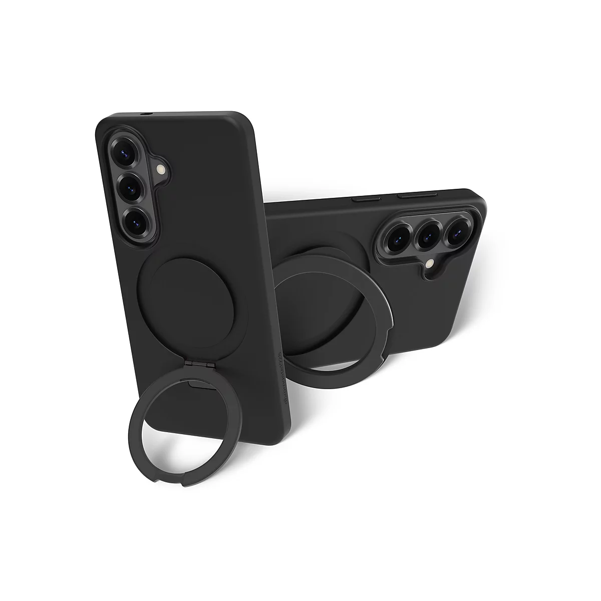 Deux coques de téléphone noires avec des supports de bague sur fond blanc. L'une est debout, l'autre est à côté.