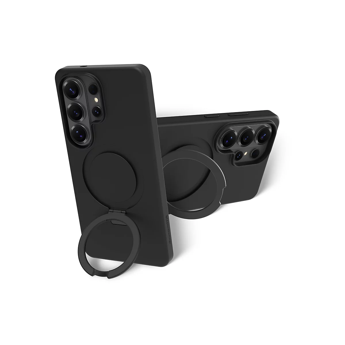 Deux coques de téléphone noires avec des anneaux de maintien sur fond blanc. L'une est debout, l'autre est à côté.