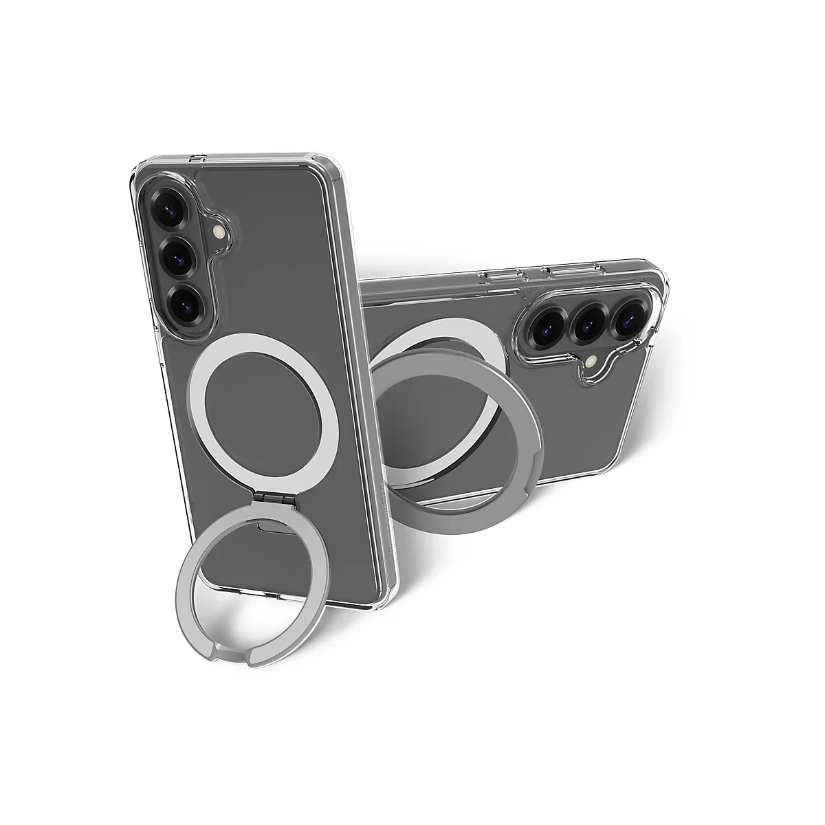 Deux coques de téléphone transparentes avec porte-anneaux. L'une est debout, l'autre est couchée.