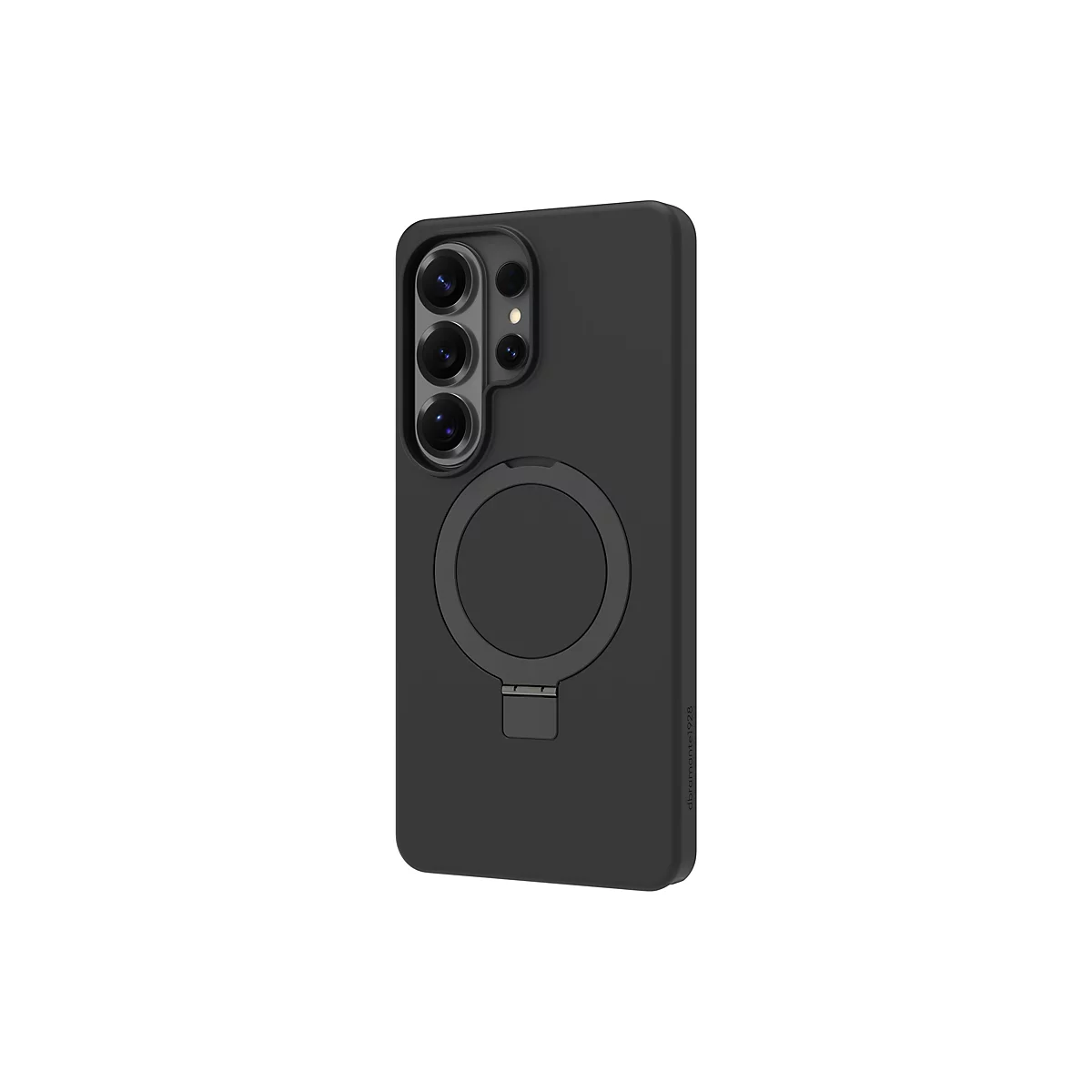 Coque de smartphone noire avec anneau magnétique et support, découpe pour caméra, fond blanc.